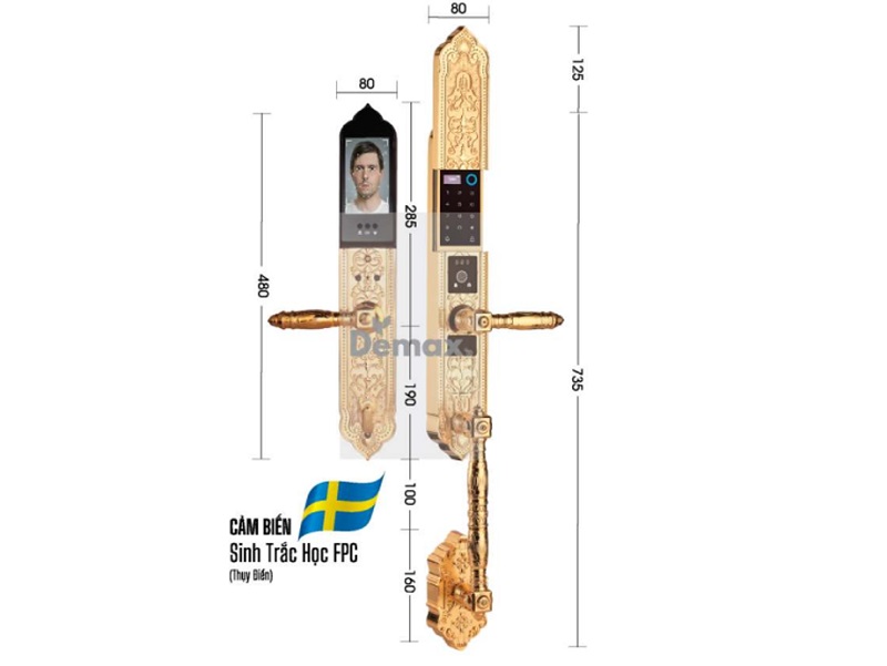 Khóa cửa đại sảnh - biệt thự Demax SL988 24K Brass App Wifi