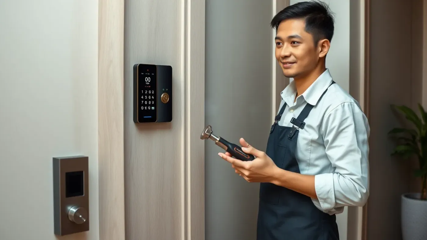 thợ kiểm tra khóa điện tử tại cửa căn hộ