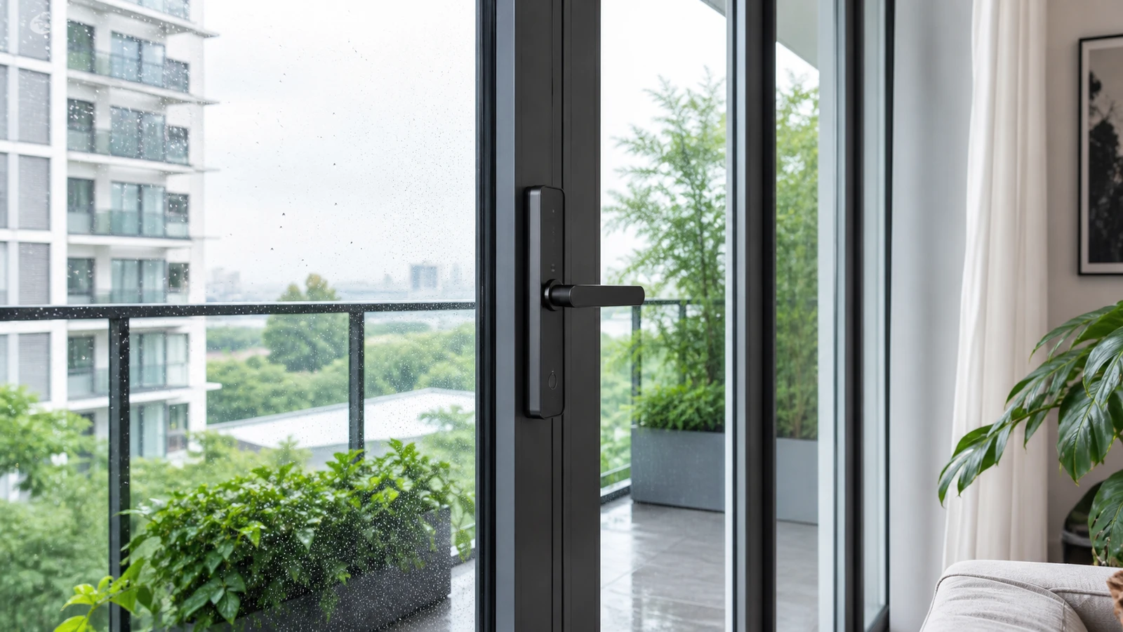 Khóa cửa nhôm chống nước Demax trên đố nhôm